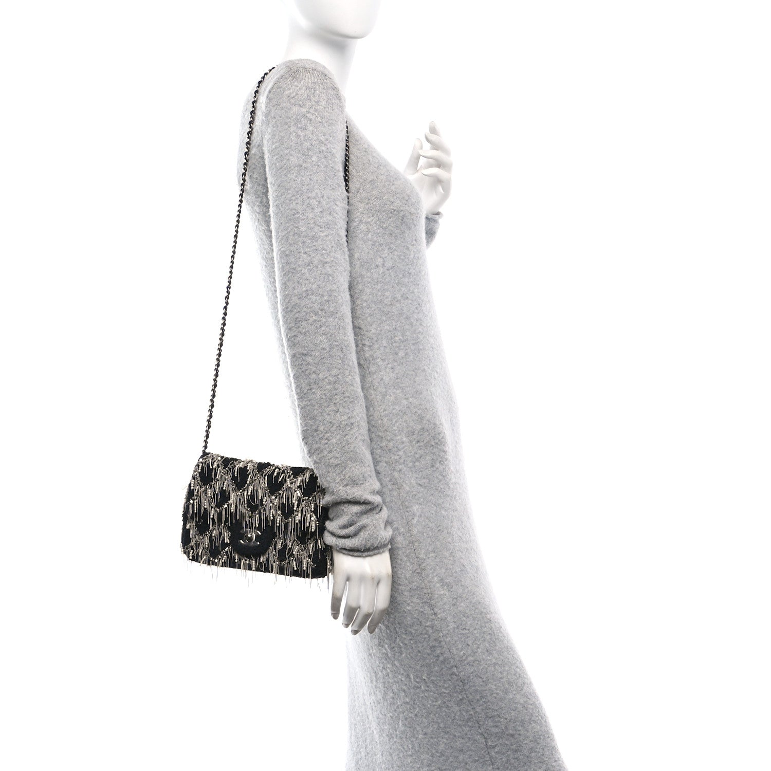Chanel Tweed Quilted Pearl Fringe Quilted Mini Flap Bag Black Silver 2 of 11