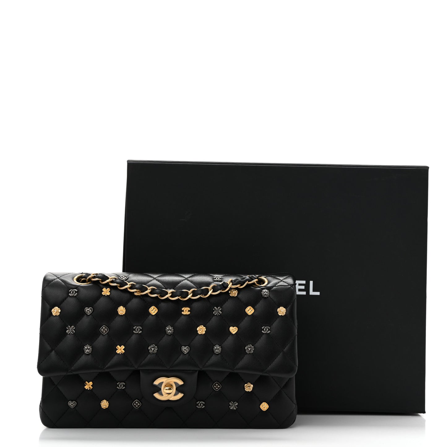 Lambskin Quilted Studded Medium Double Flap Black