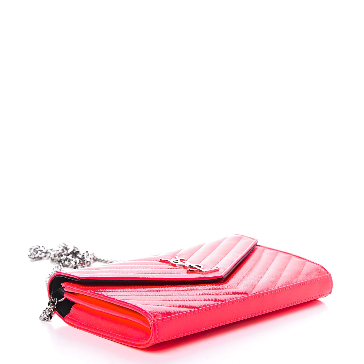 Saint Laurent Patent Grain De Poudre Matelasse Chevron Monogram Chain Wallet Neon Pink 3 of 9