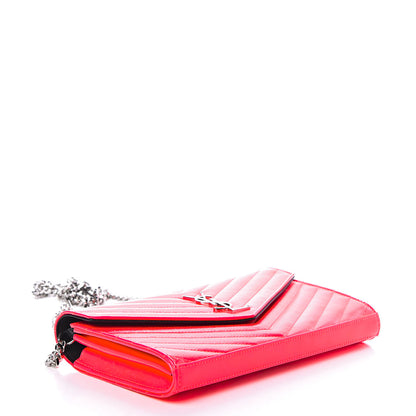 Saint Laurent Patent Grain De Poudre Matelasse Chevron Monogram Chain Wallet Neon Pink 3 of 9