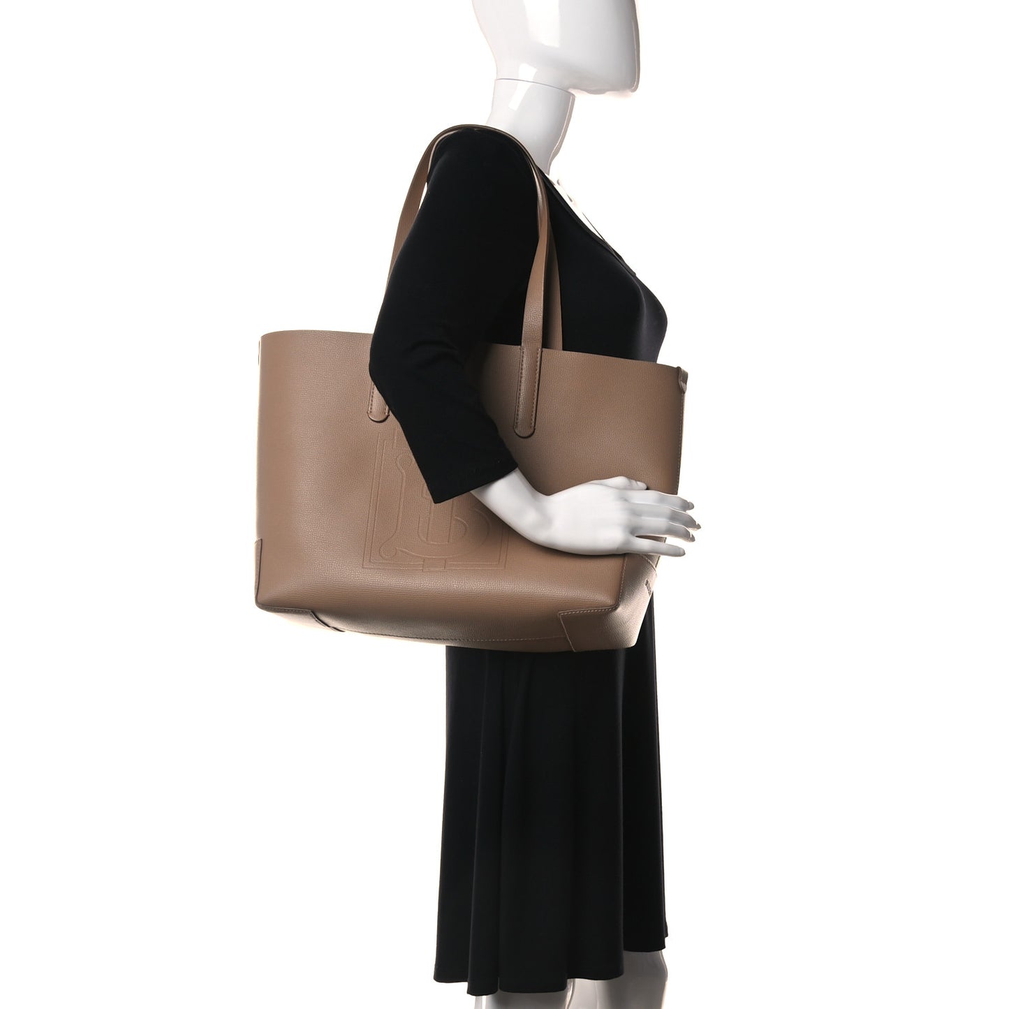 Calfskin TB Motif Embossed Medium Tote Camel