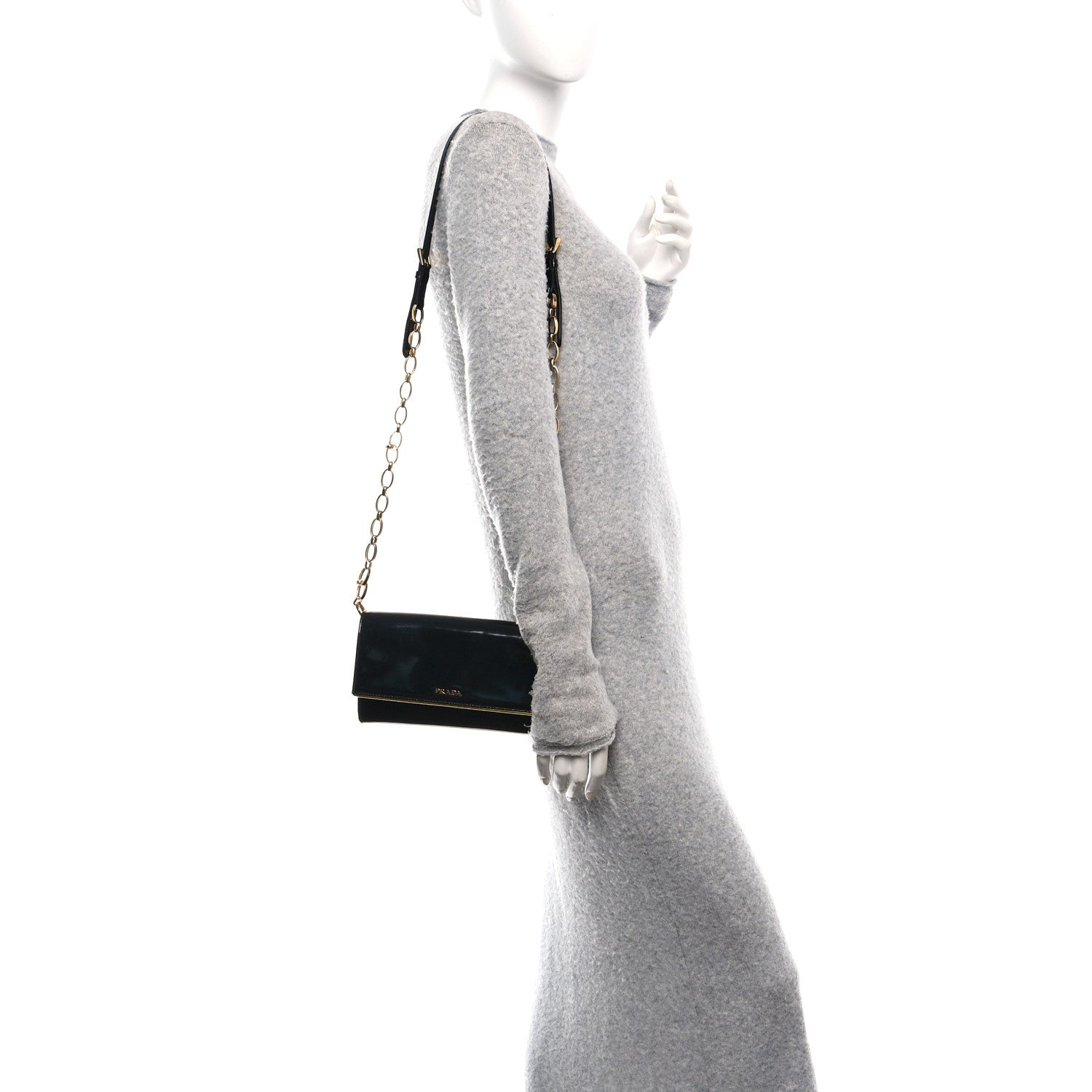 Prada Vernice Metal Bar Chain Wallet Black 2 of 9