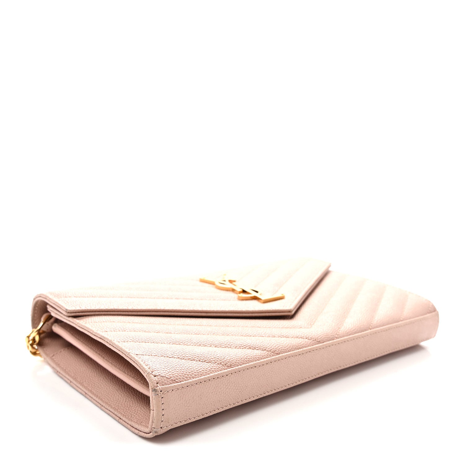 Saint Laurent Grain De Poudre Matelasse Chevron Monogram Chain Wallet Pale Pink 4 of 9