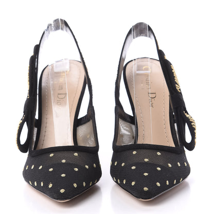 Christian Dior Mesh Plumetis Suede Dotted Studded J'Adoir Slingback 100mm Pumps 37 Black Gold 2 of 9