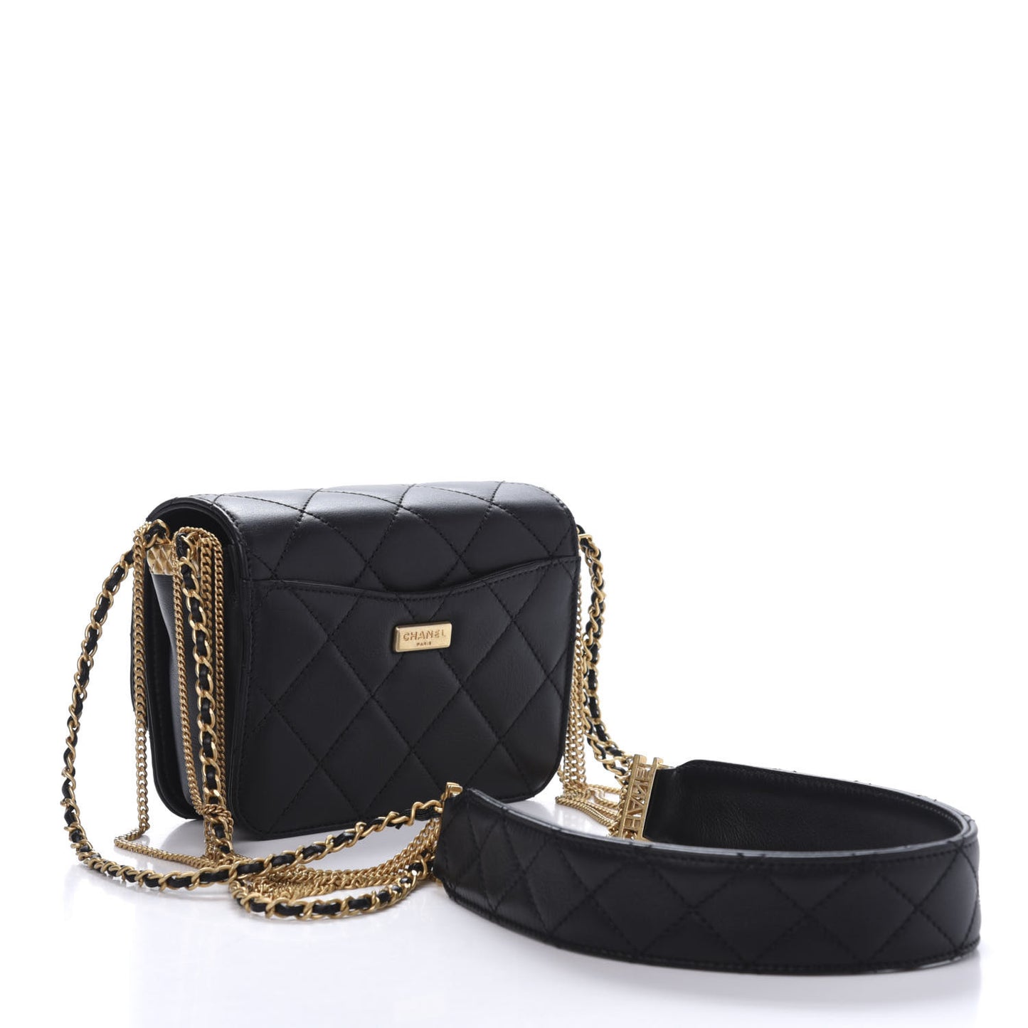 Lambskin Quilted Small Multiple Chain Flap Black