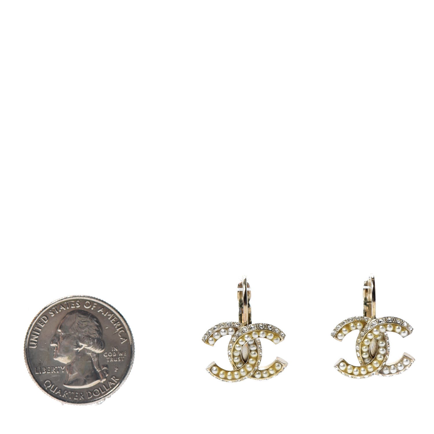 Chanel Crystal Pearl CC Dangle Earrings Gold 2 of 4