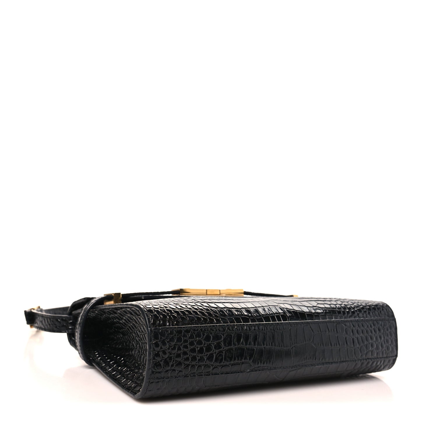 Shiny Calfskin Crocodile Embossed Small Manhattan Baguette Black