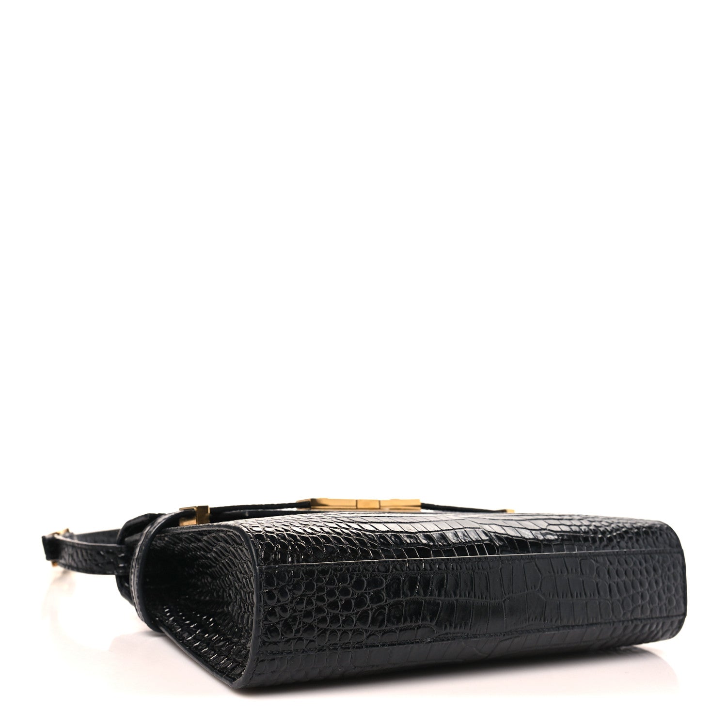 Saint Laurent Shiny Calfskin Crocodile Embossed Small Manhattan Baguette Black 3 of 9