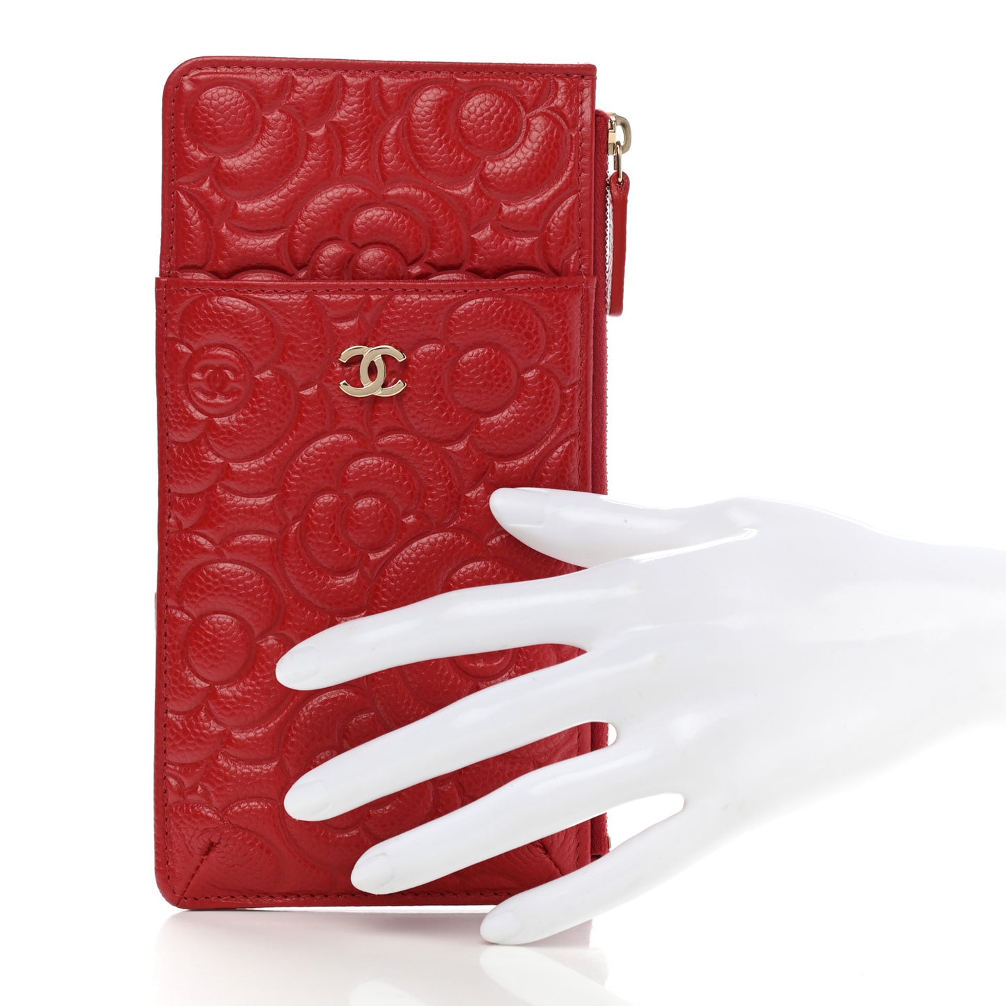 Caviar Camellia Embossed Classic Flat Wallet Pouch Red