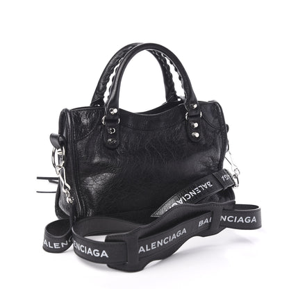 Balenciaga Agneau Classic Silver Hardware Mini City Logo Strap Black White 2 of 9