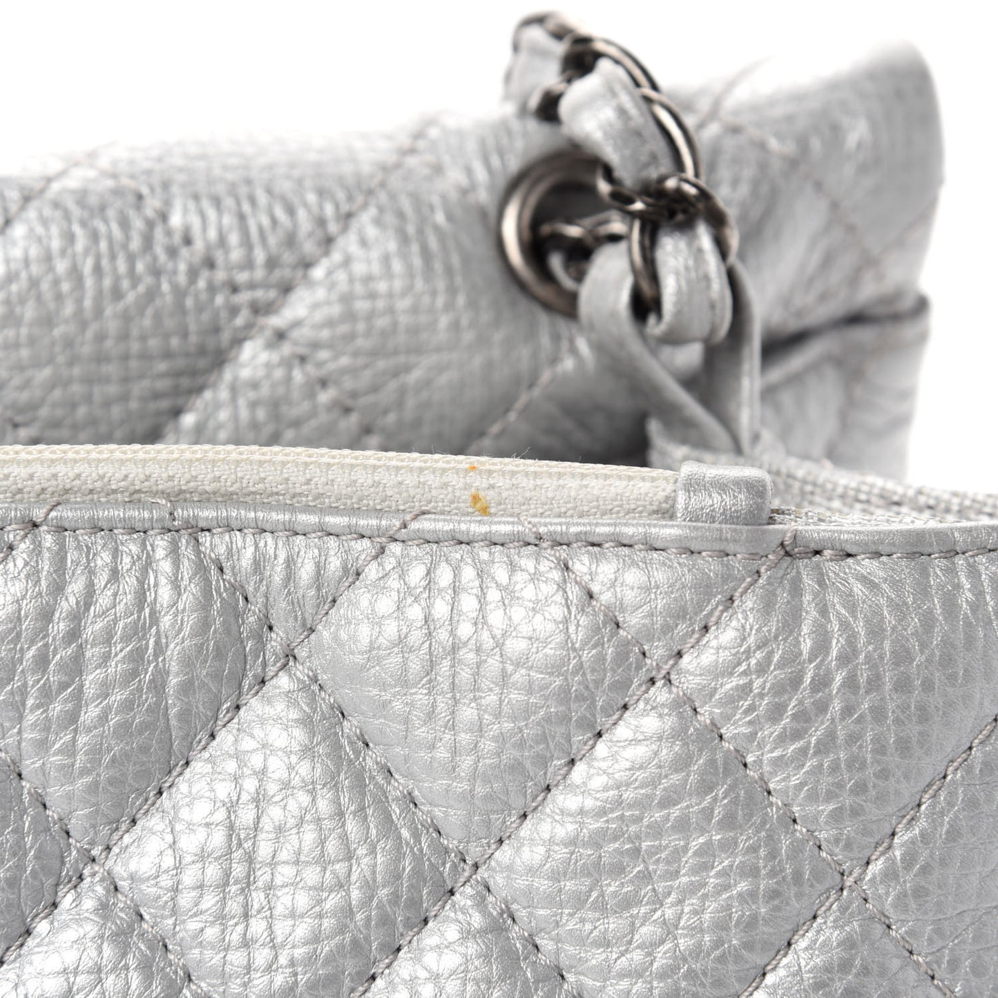 Metallic Calfskin Quilted XXL Travel Flap Bag Silver