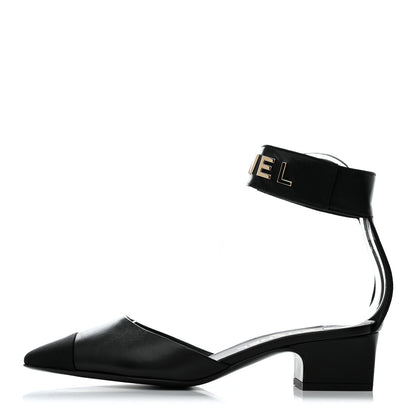 Chanel Lambskin Grosgrain Cap Toe Logo Ankle Strap Pumps 36.5 Black 1 of 9