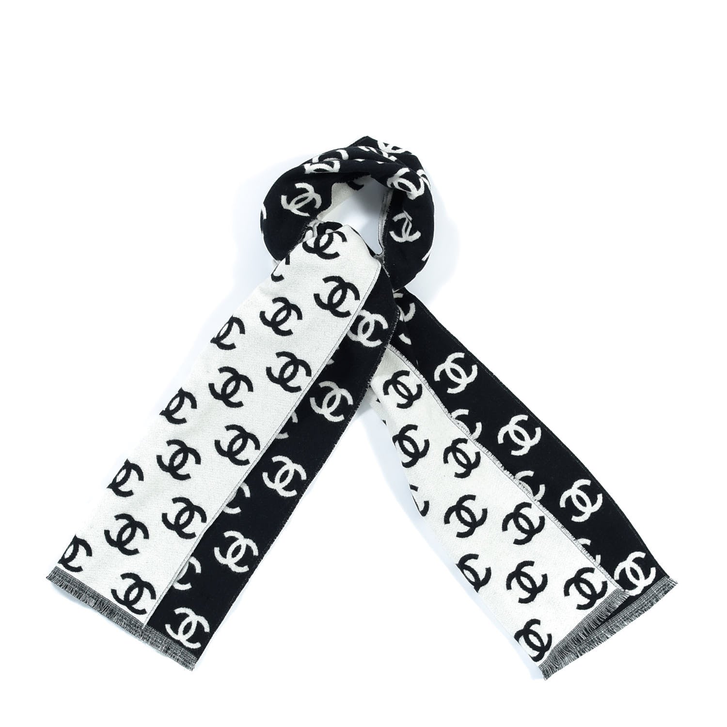 Chanel Wool Cashmere CC Scarf Black White 1 of 4