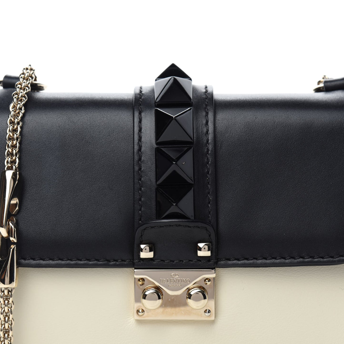 Vitello Small Glam Lock Rockstud Flap Black Light Ivory