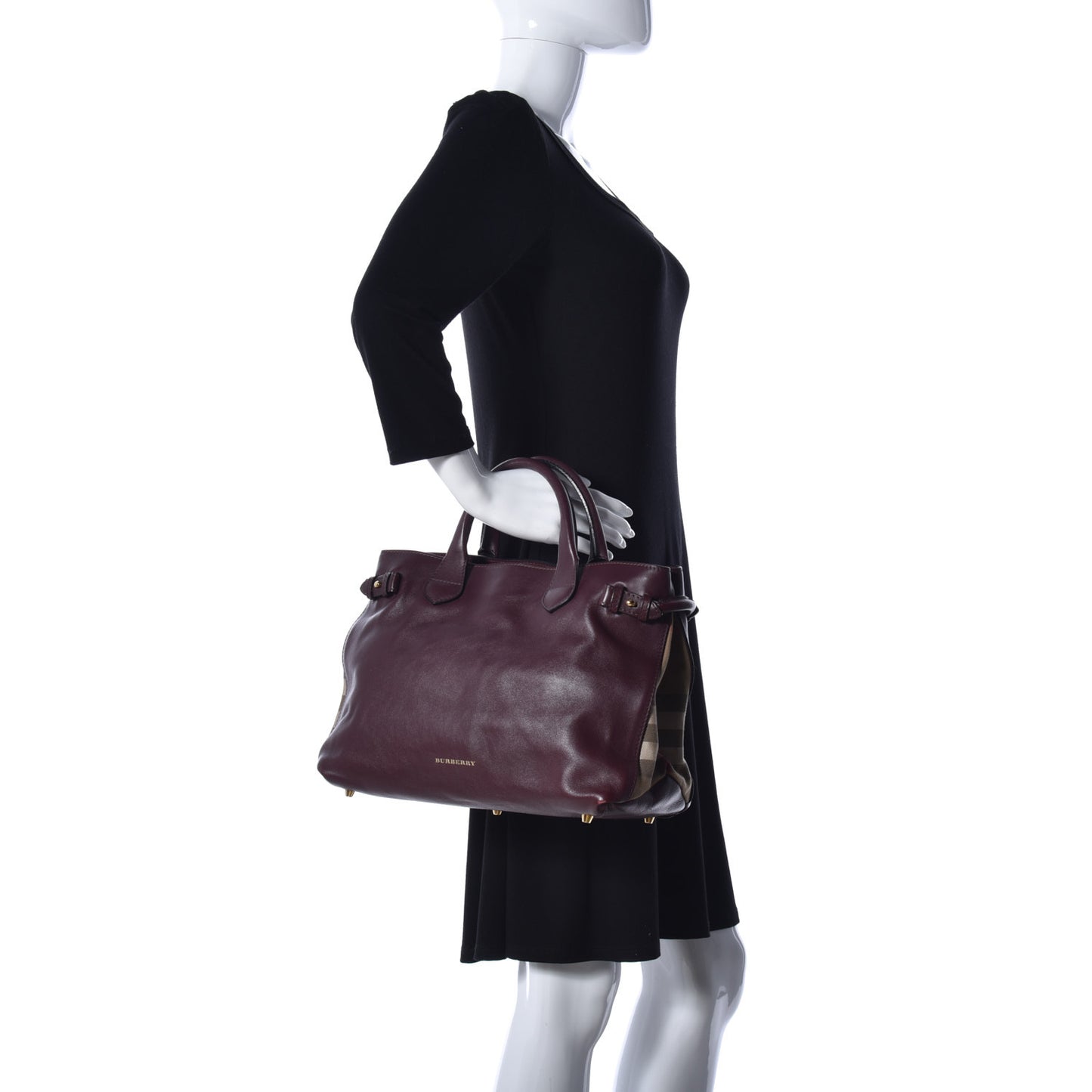 Smooth Calfskin House Check Medium Banner Tote Deep Claret