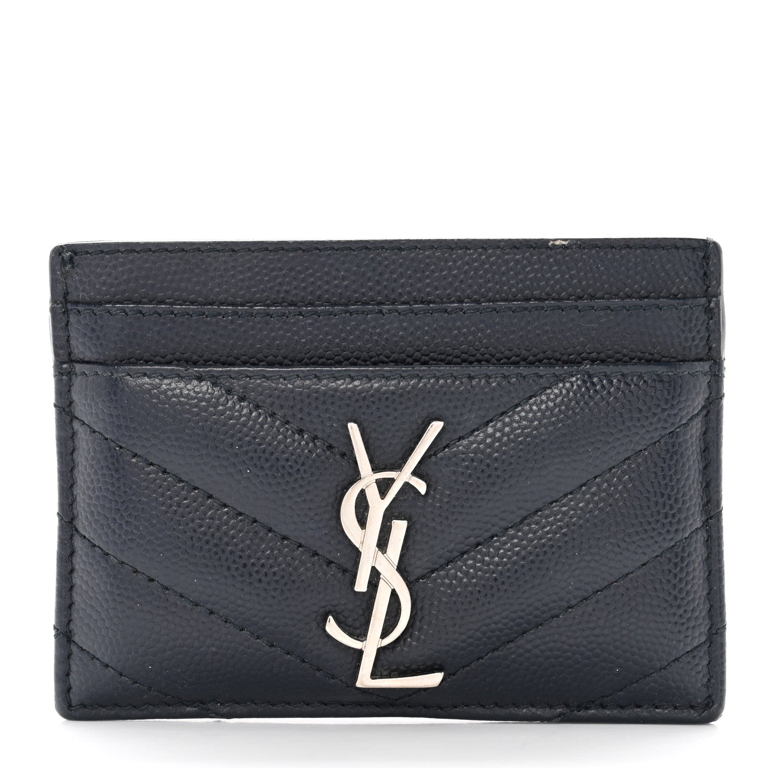 Saint Laurent Grain De Poudre Matelasse Chevron Monogram Credit Card Case Navy 1 of 7