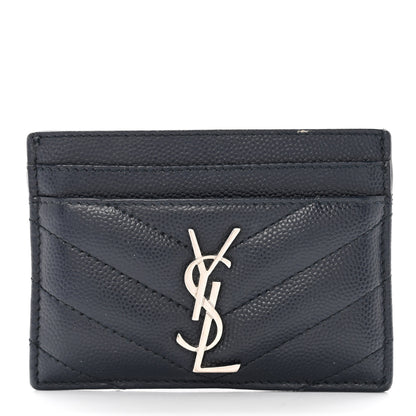 Saint Laurent Grain De Poudre Matelasse Chevron Monogram Credit Card Case Navy 1 of 7