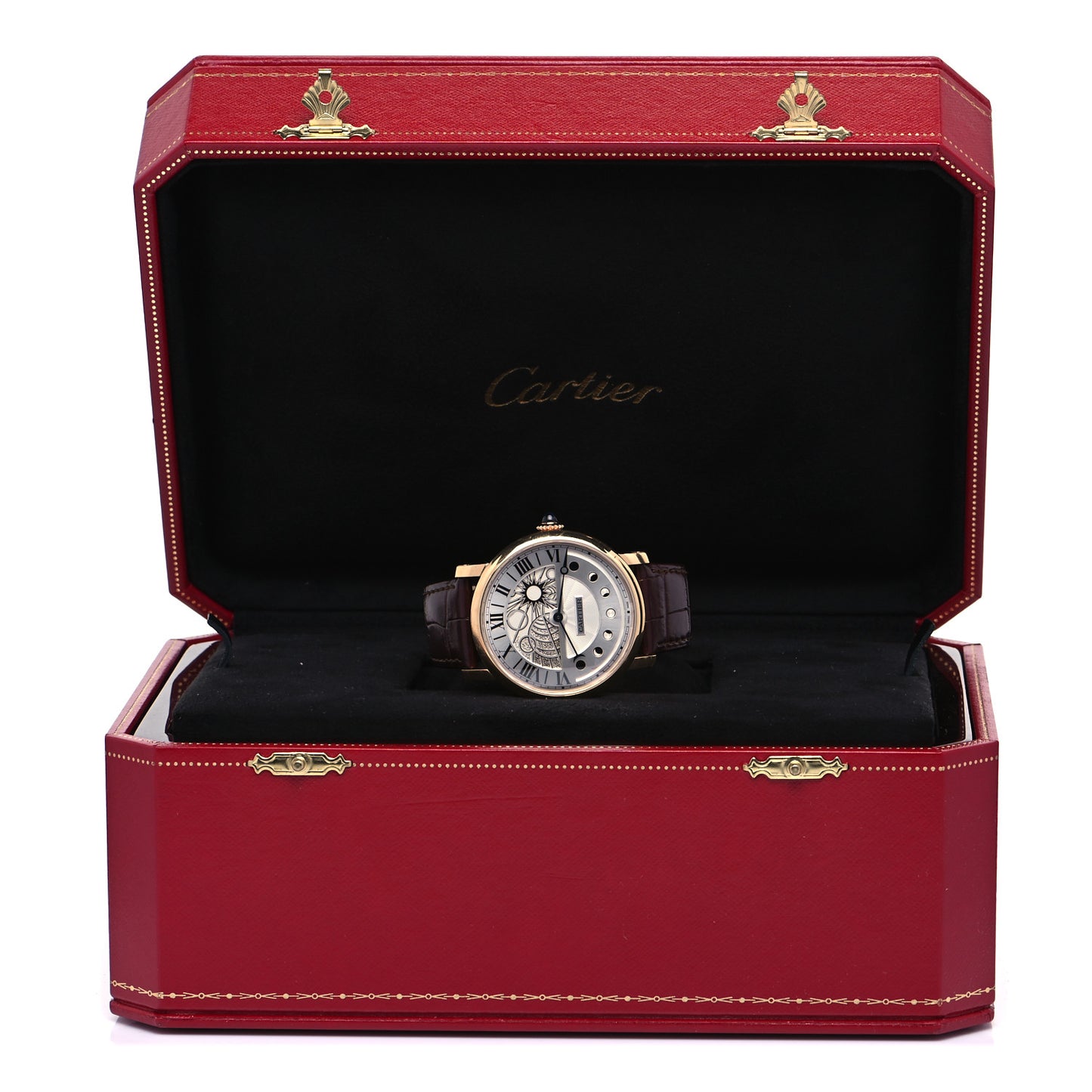 18K Pink Gold Alligator 43mm Rotonde de Cartier Moon Phases Automatic Watch Brown