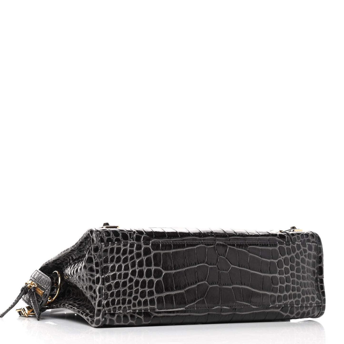 Shiny Supple Calfskin Crocodile Embossed Gold Metallic Edge Hardware S City Dark Grey