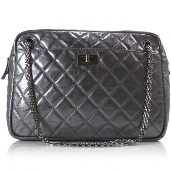 Metallic Aged Calfskin Quilted Large Reissue Camera Case Silver