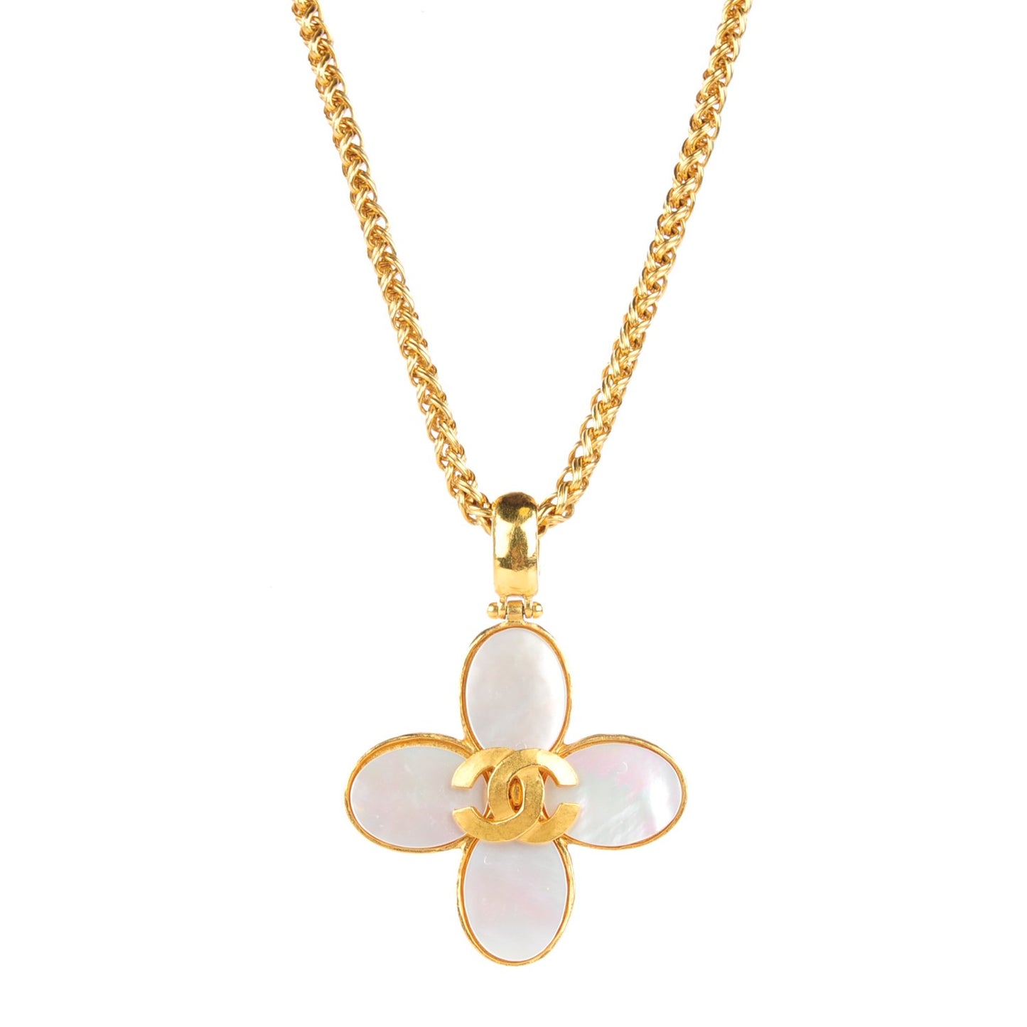 Mother of Pearl CC Four Leaf Clover Pendant Necklace Gold