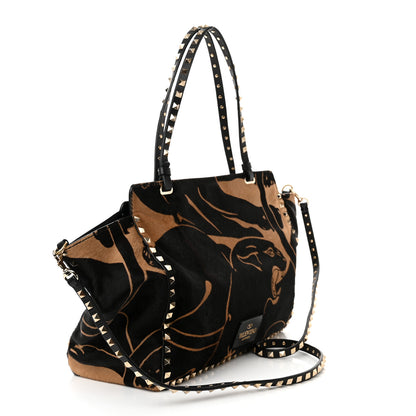Valentino Garavani Calf Hair Jaguar Print Medium Rockstud Tote Beige Black 3 of 13