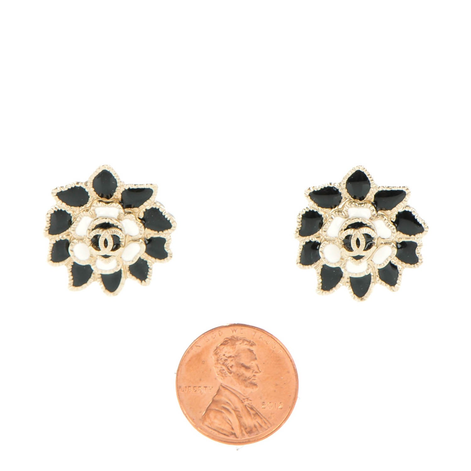 Chanel Enamel CC Camellia Earrings Black White Gold 2 of 4