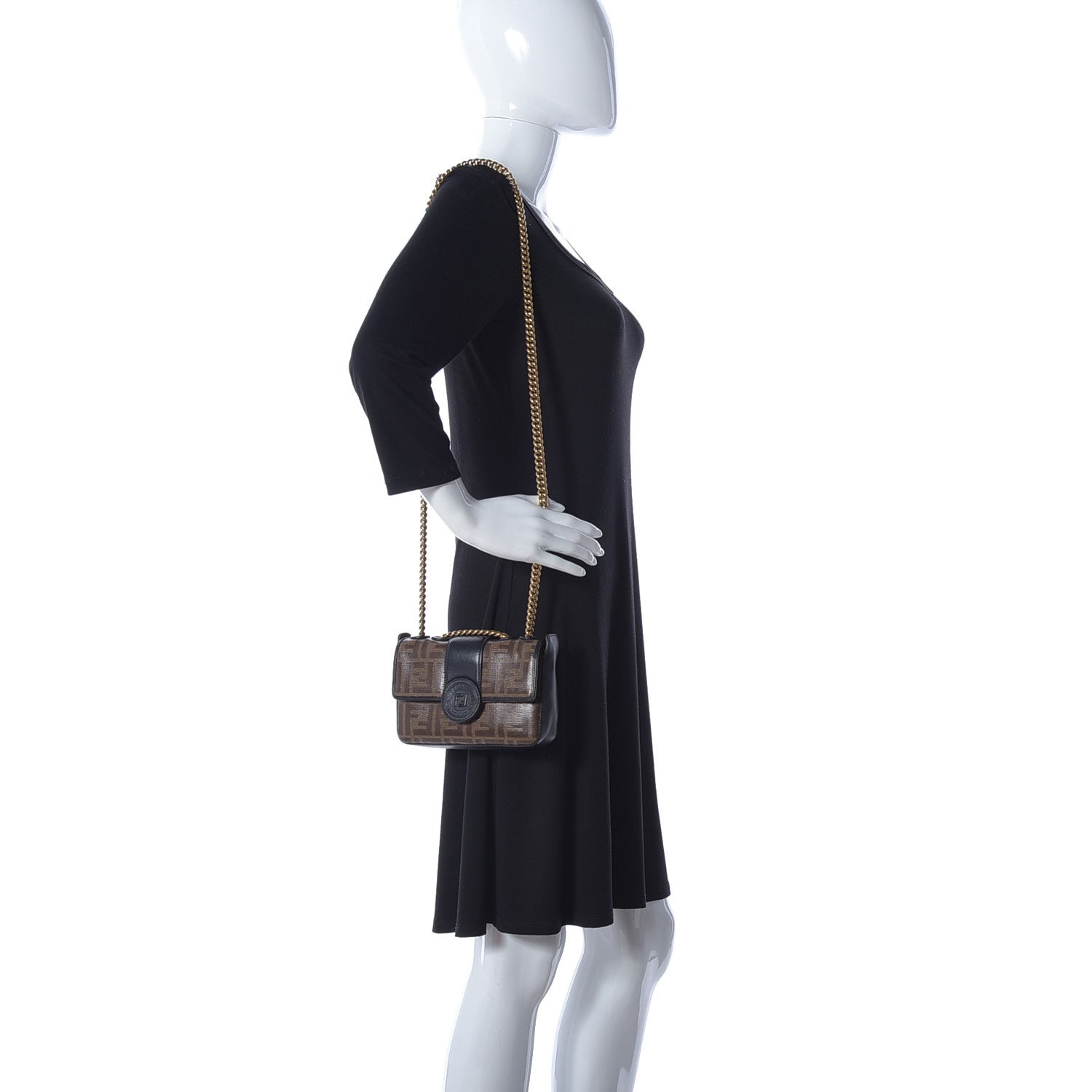 Fendi Glazed Fabric Vitello Century FF 1974 Stamp Patch Mini Double F Crossbody Bag Mogano Panna Black 2 of 9