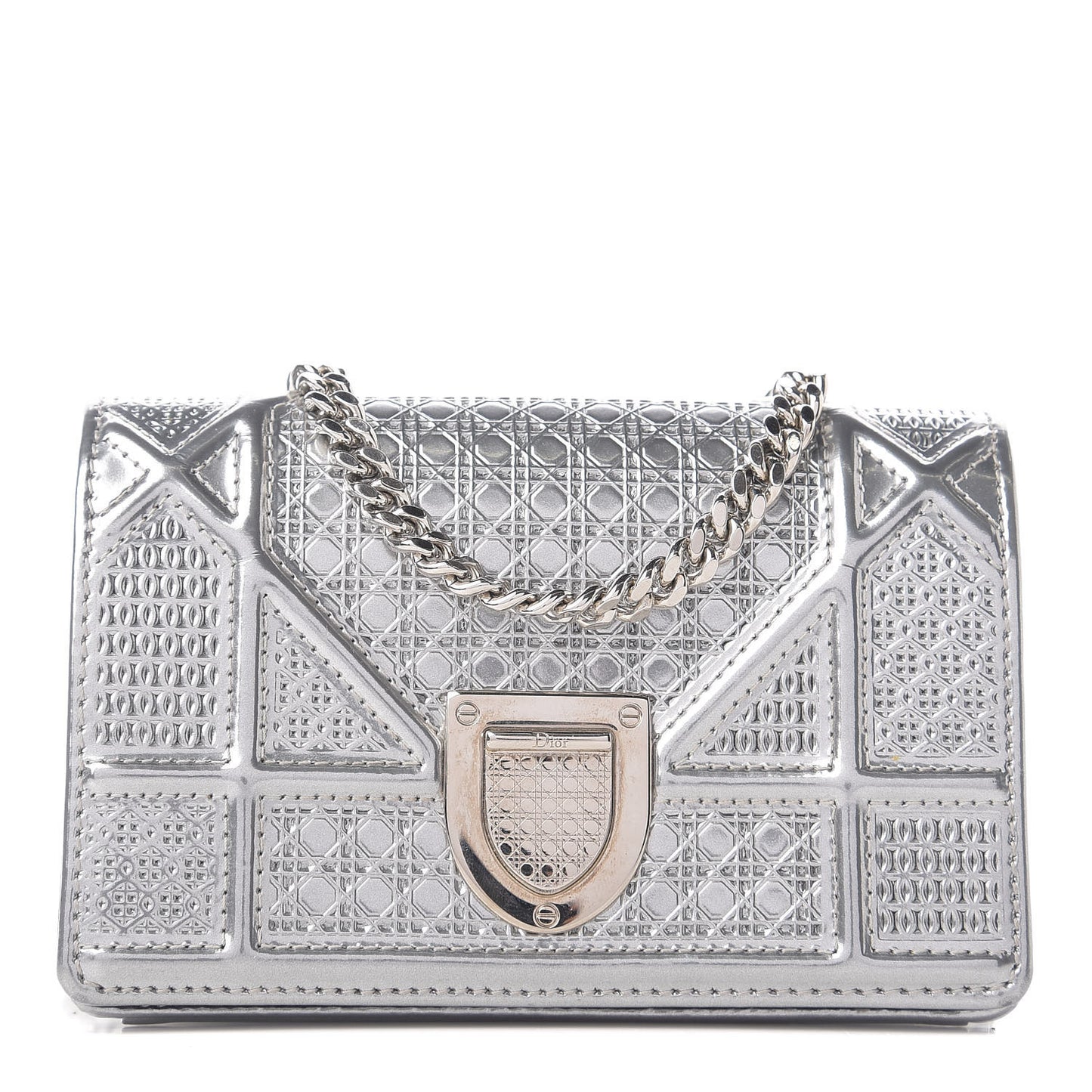 Metallic Patent Micro-Cannage Baby Diorama Flap Bag Silver