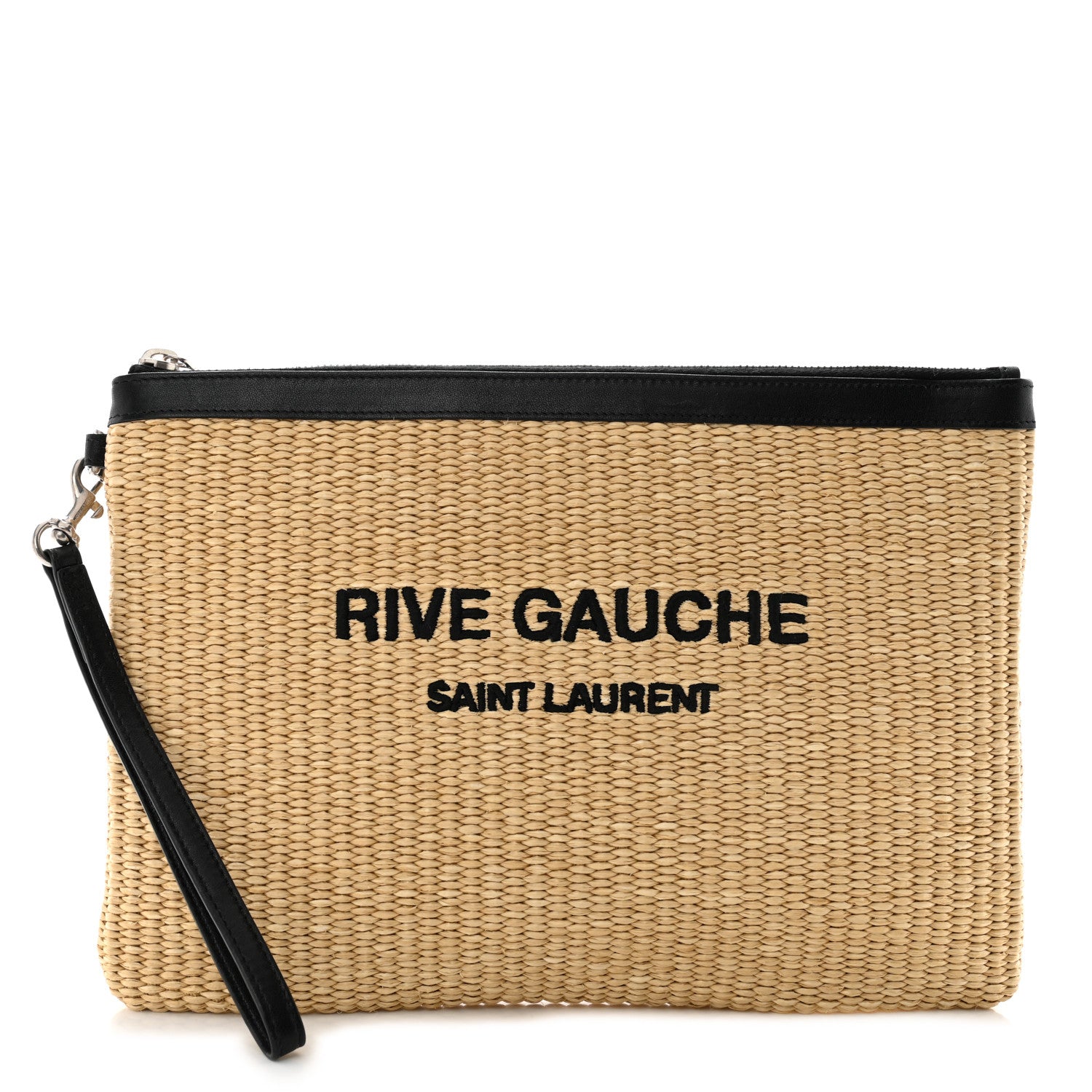Saint Laurent Raffia Calfskin Rive Gauche Zipped Pouch Naturale Black 1 of 8