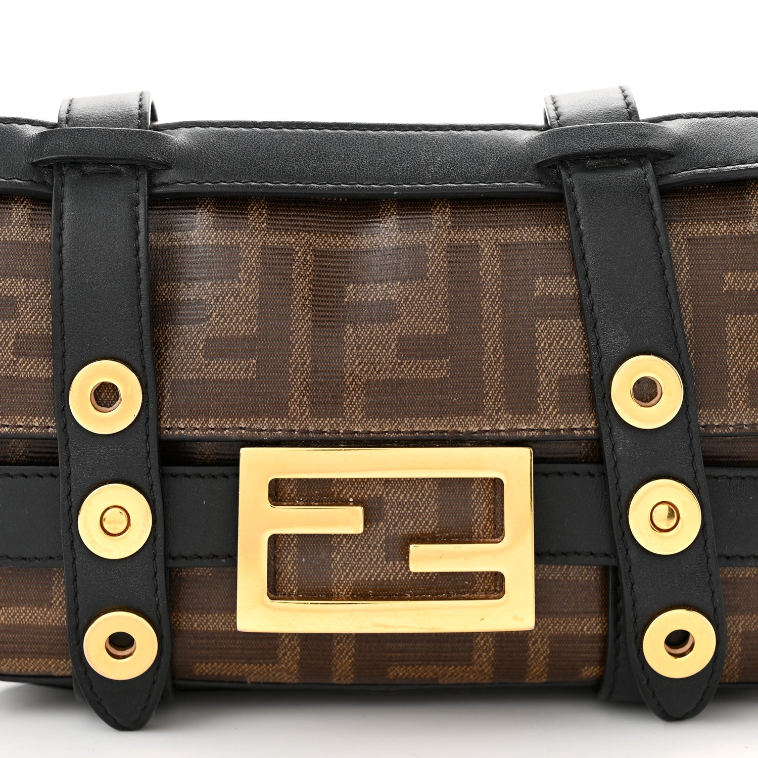 Fendi Glazed Fabric Vitello Century FF 1974 Mini Baguette Cage Mogano Panna Black 8 of 11