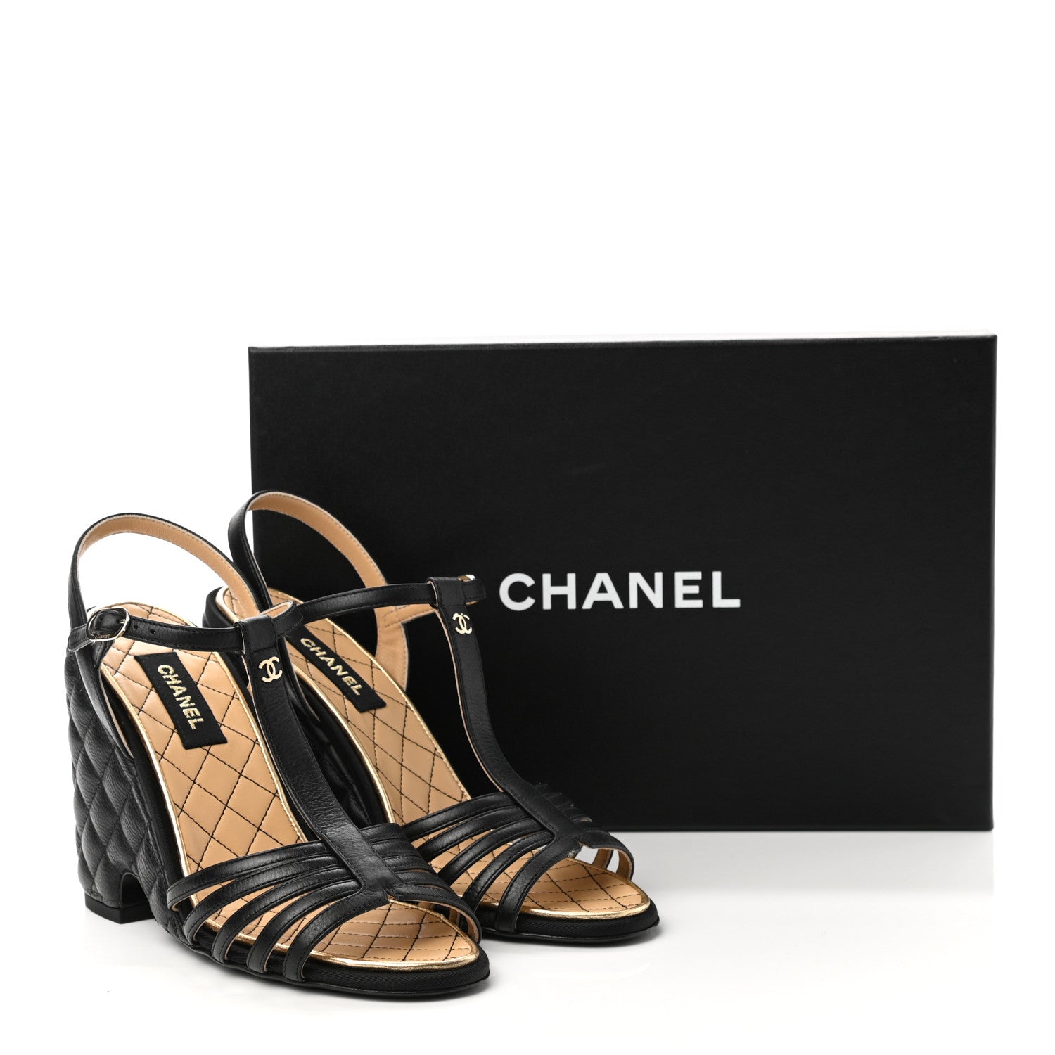 Chanel Grained Calfskin Quilted Wedge Sandals 38.5 Black 9 of 9