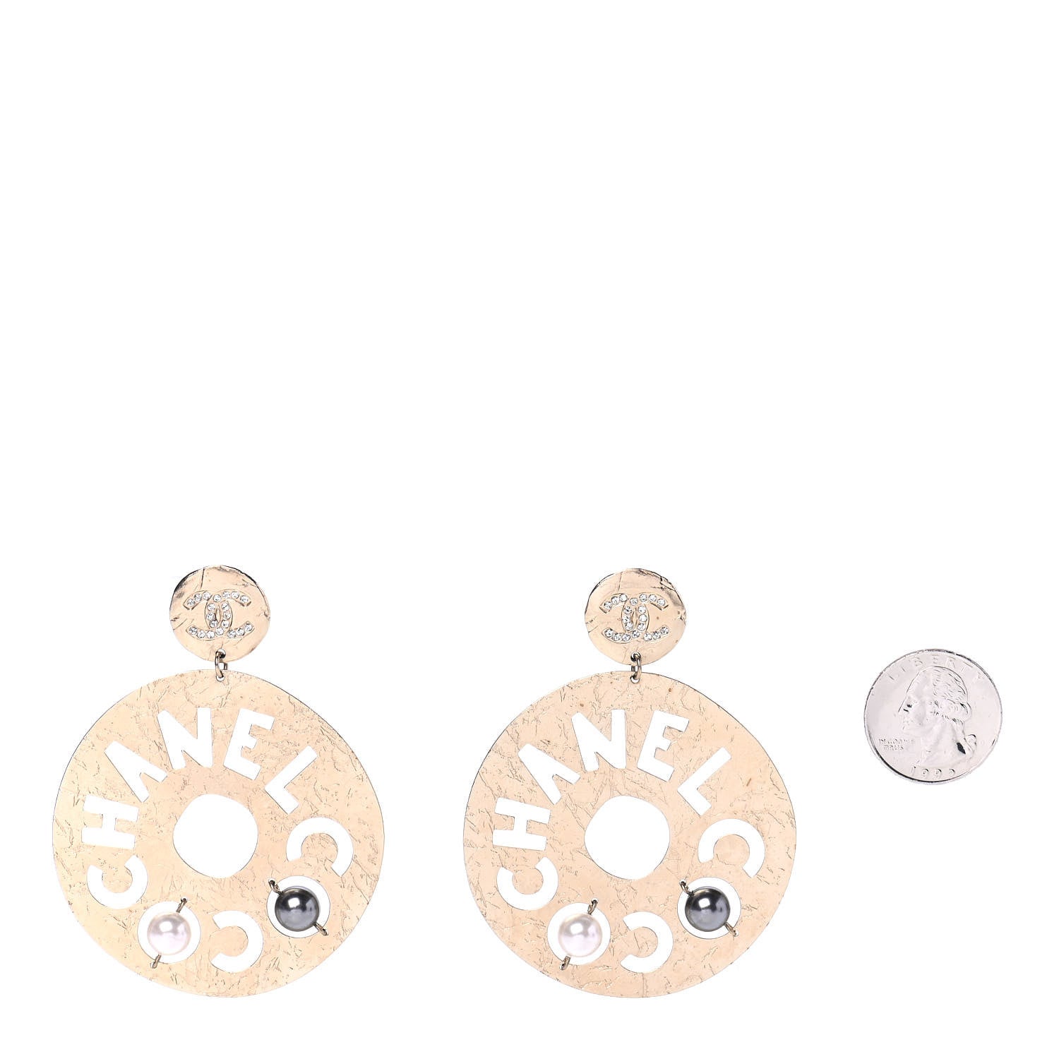 Chanel Crystal Pearl CC Papyrus Drop Earrings Gold Grey 2 of 4