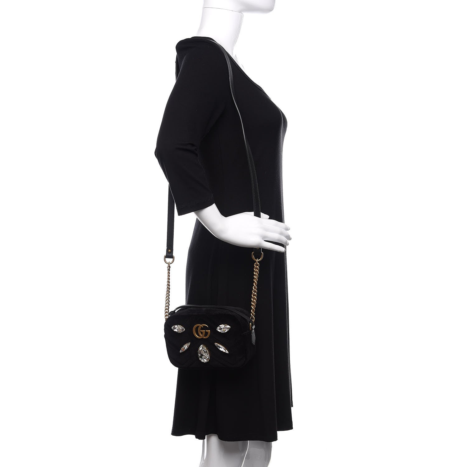 Gucci Velvet Matelasse Marquise Crystals Mini GG Marmont Chain Shoulder Bag Black 2 of 11