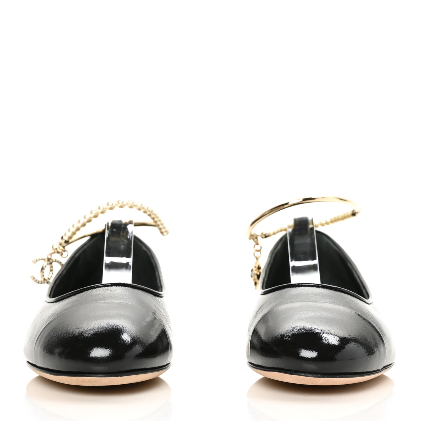 Lambskin Patent Calfskin Cap Toe Ankle Chain Ballerina Flats 38 Black