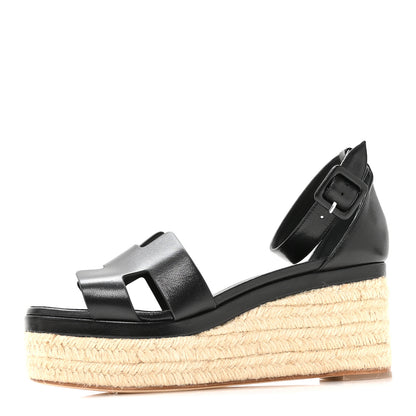 Hermes Goatskin Elda Espadrille Wedge Sandals 39 Black 1 of 9