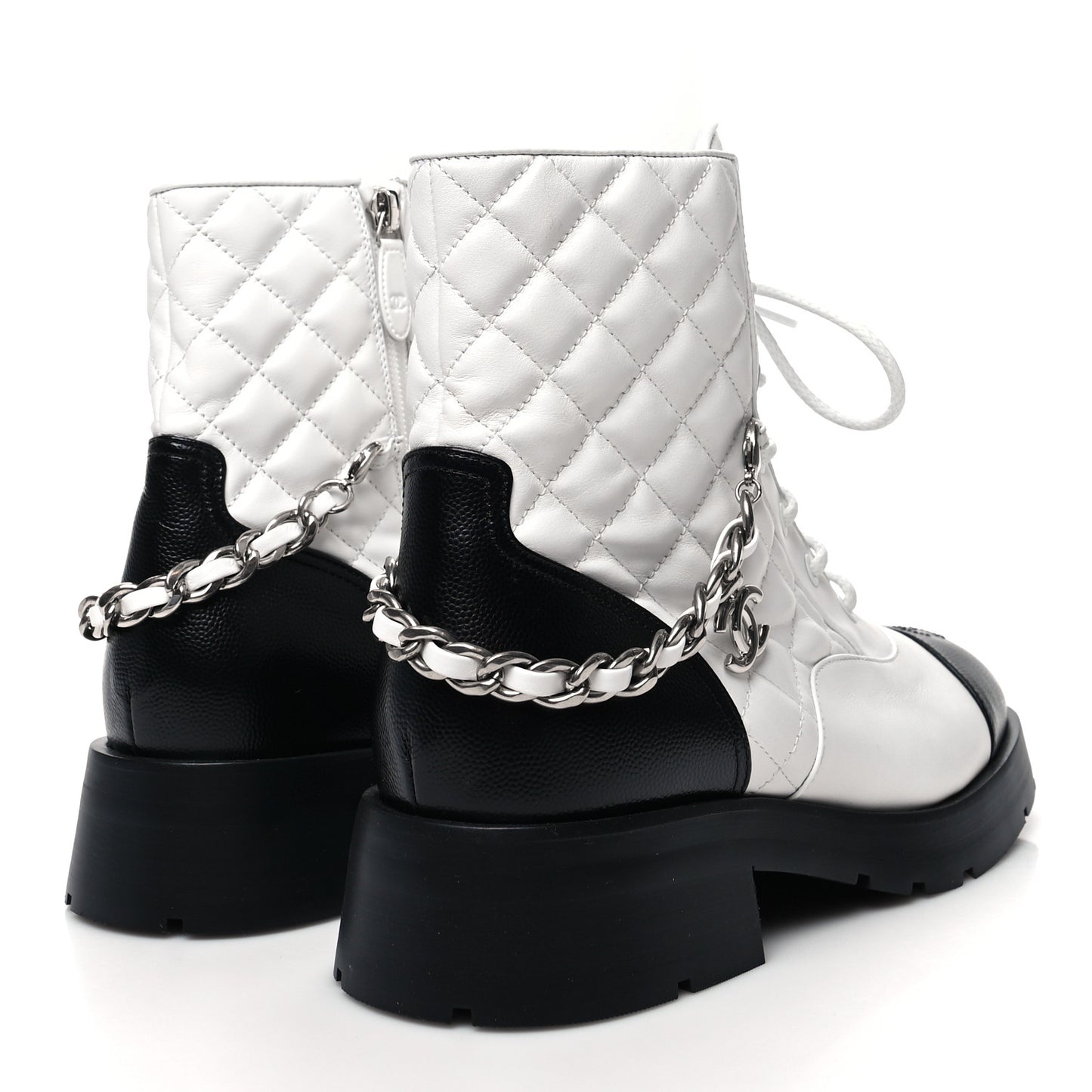 Caviar Calfskin Quilted Chain Lace Up Combat Boots 40 White Black