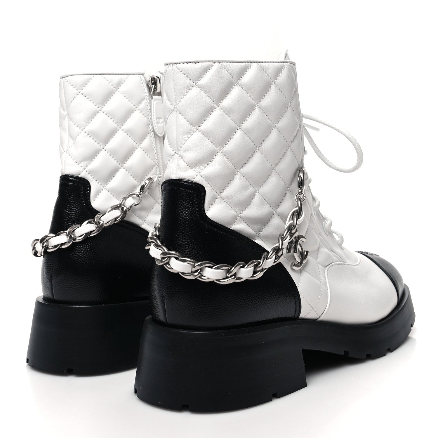 Chanel Caviar Calfskin Quilted Chain Lace Up Combat Boots 40 White Black 4 of 8