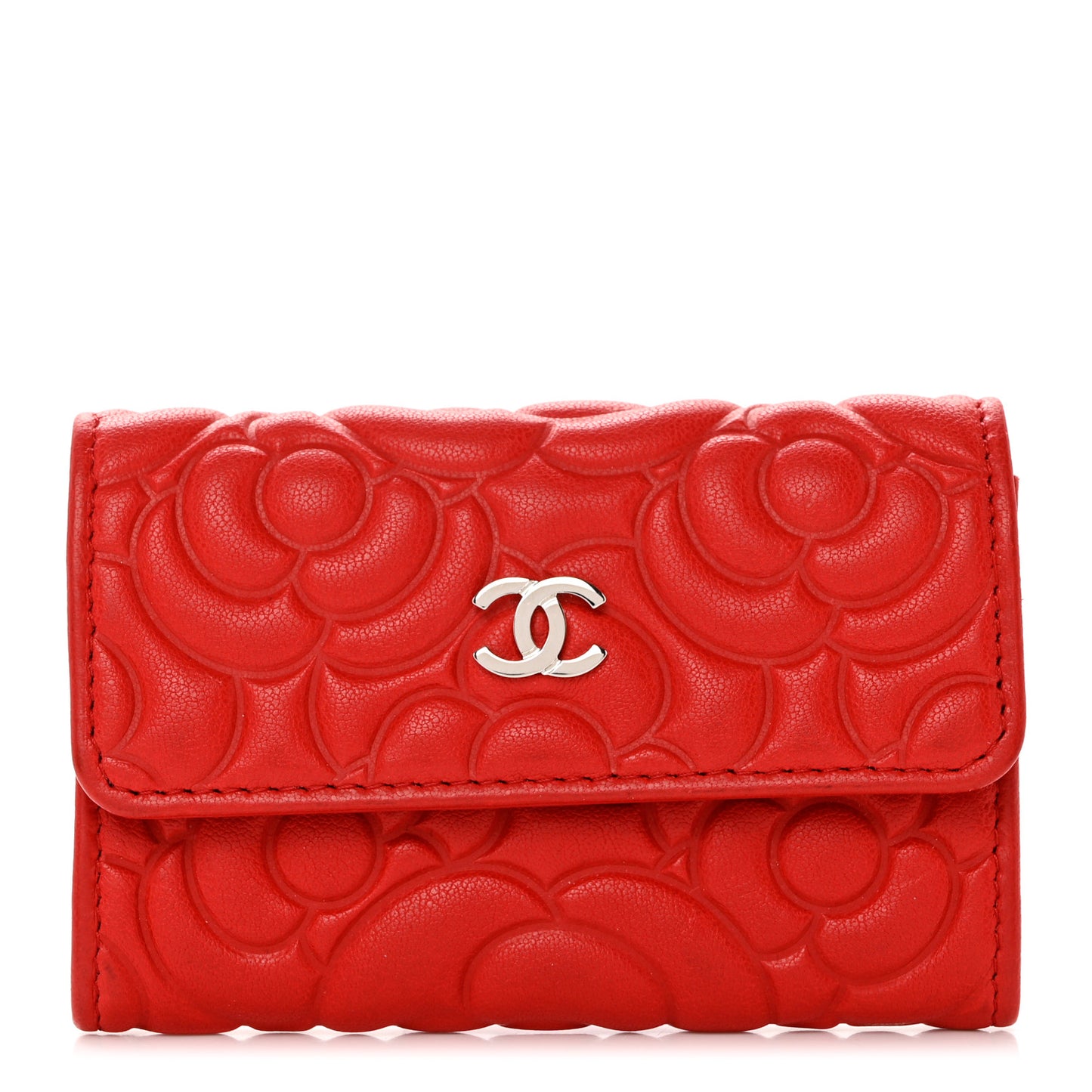 Goatskin Camellia Embossed Card Holder Red