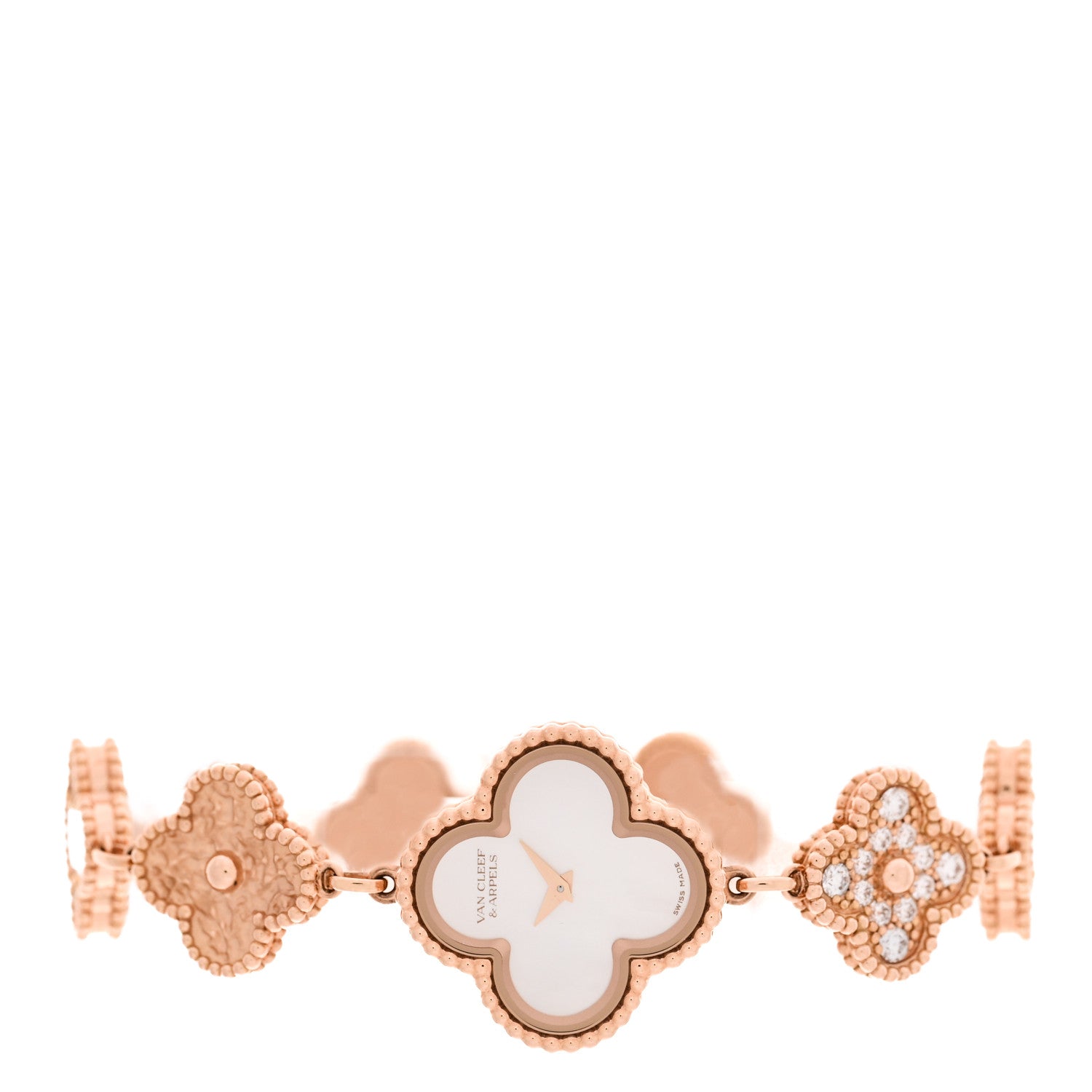 Van Cleef & Arpels 18K Rose Gold Diamond Mother of Pearl 23mm Alhambra Guilloche Quartz Watch 2 of 5