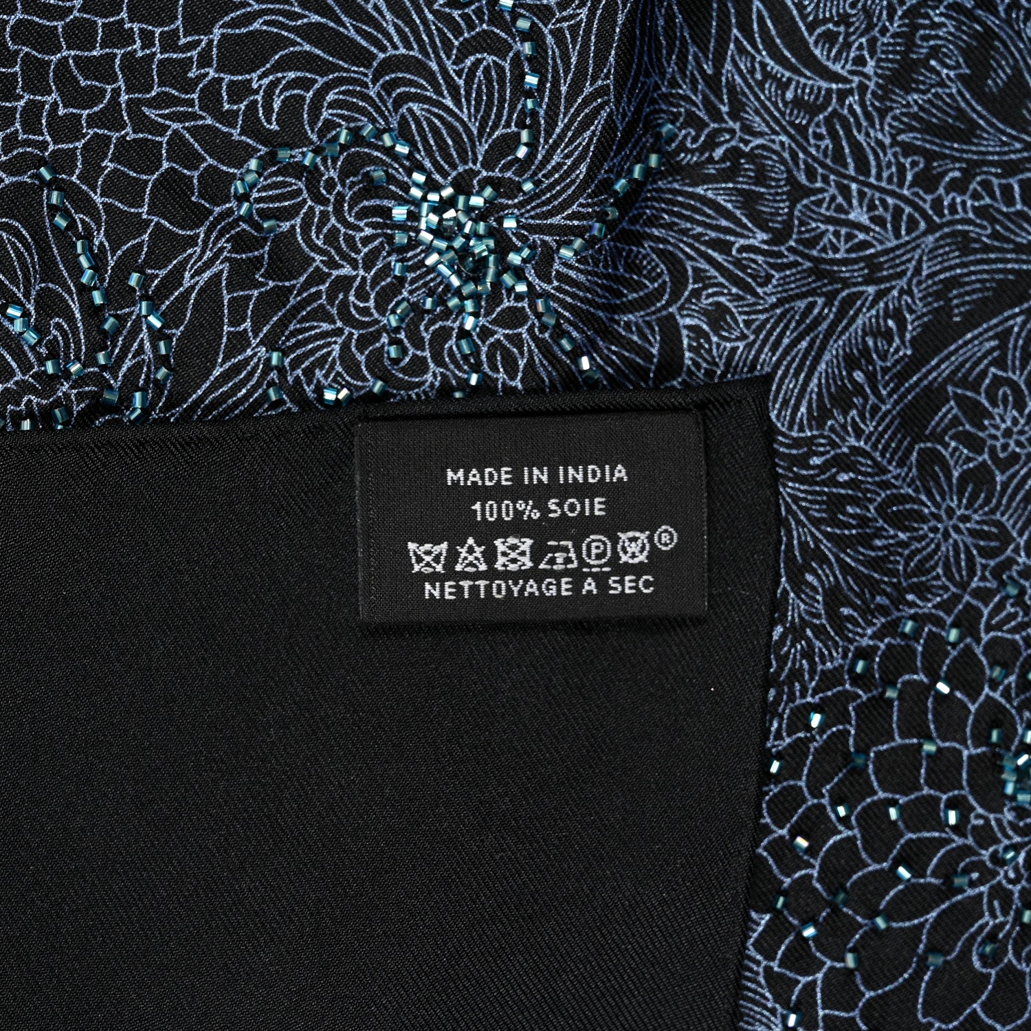 Hermes Silk Embroidered Robe Legere Scarf 90 Black Bleu 4 of 4