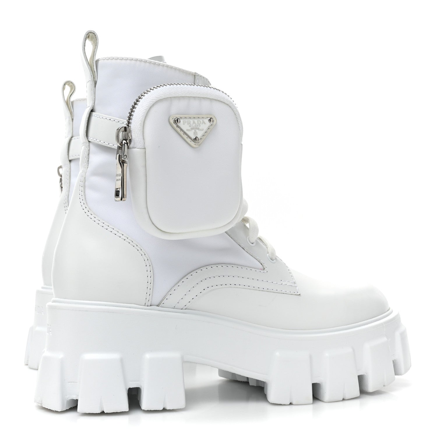 Prada Spazzolato Rois Re-Nylon Metal Triangle Logo Monolith Pouch Pocket 55mm Boots 36 White 5 of 15