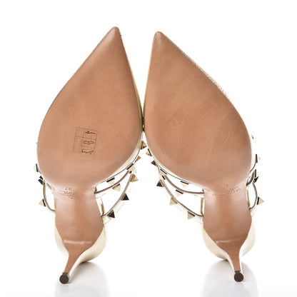 Valentino Garavani Metallic Pebbled Calfskin Rockstud 90mm Cage Mules 37 Platino 5 of 9