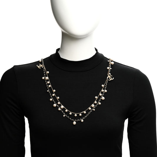 Lambskin Pearl CC Chain Multi Strand Necklace Black Gold