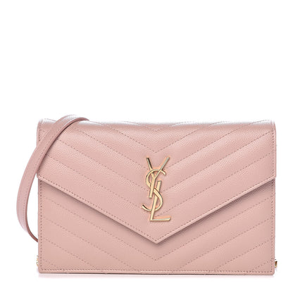 Saint Laurent Grain De Poudre Matelasse Chevron Monogram Envelope Chain Wallet Pale Pink 1 of 10