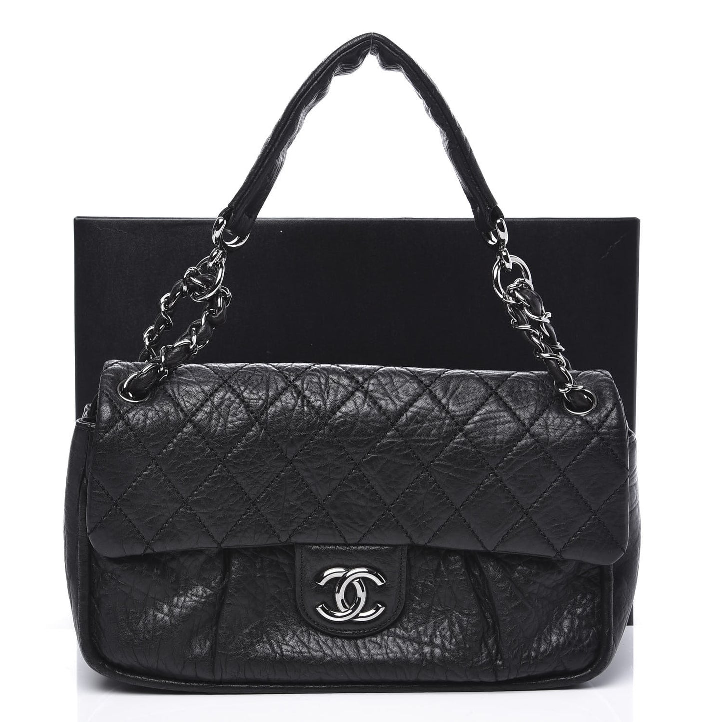 Distressed Lambskin Lady Braid Flap Black