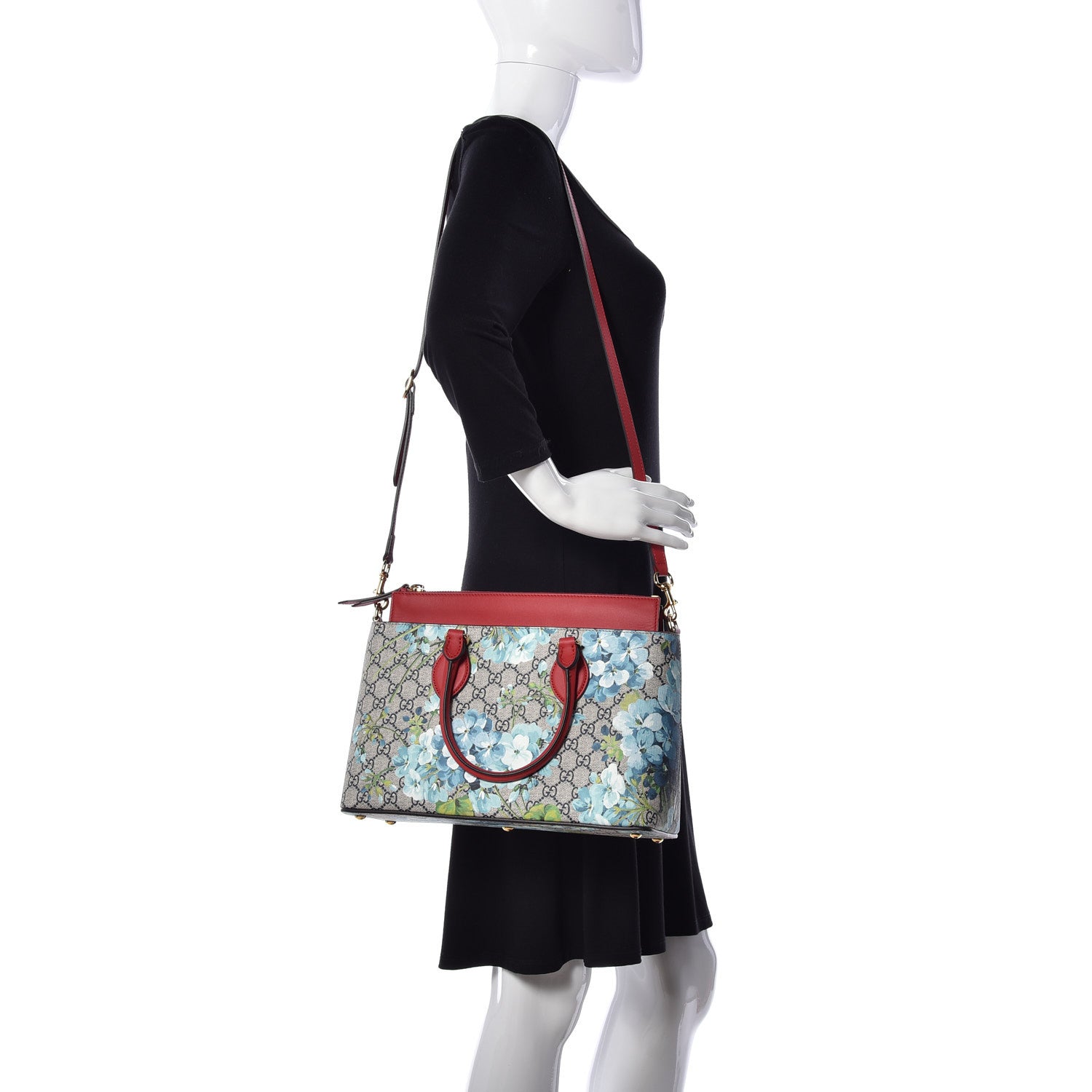 Gucci GG Supreme Monogram Blooms Medium Zip Top Tote Beige Blue Navy Hibiscus Red 2 of 11