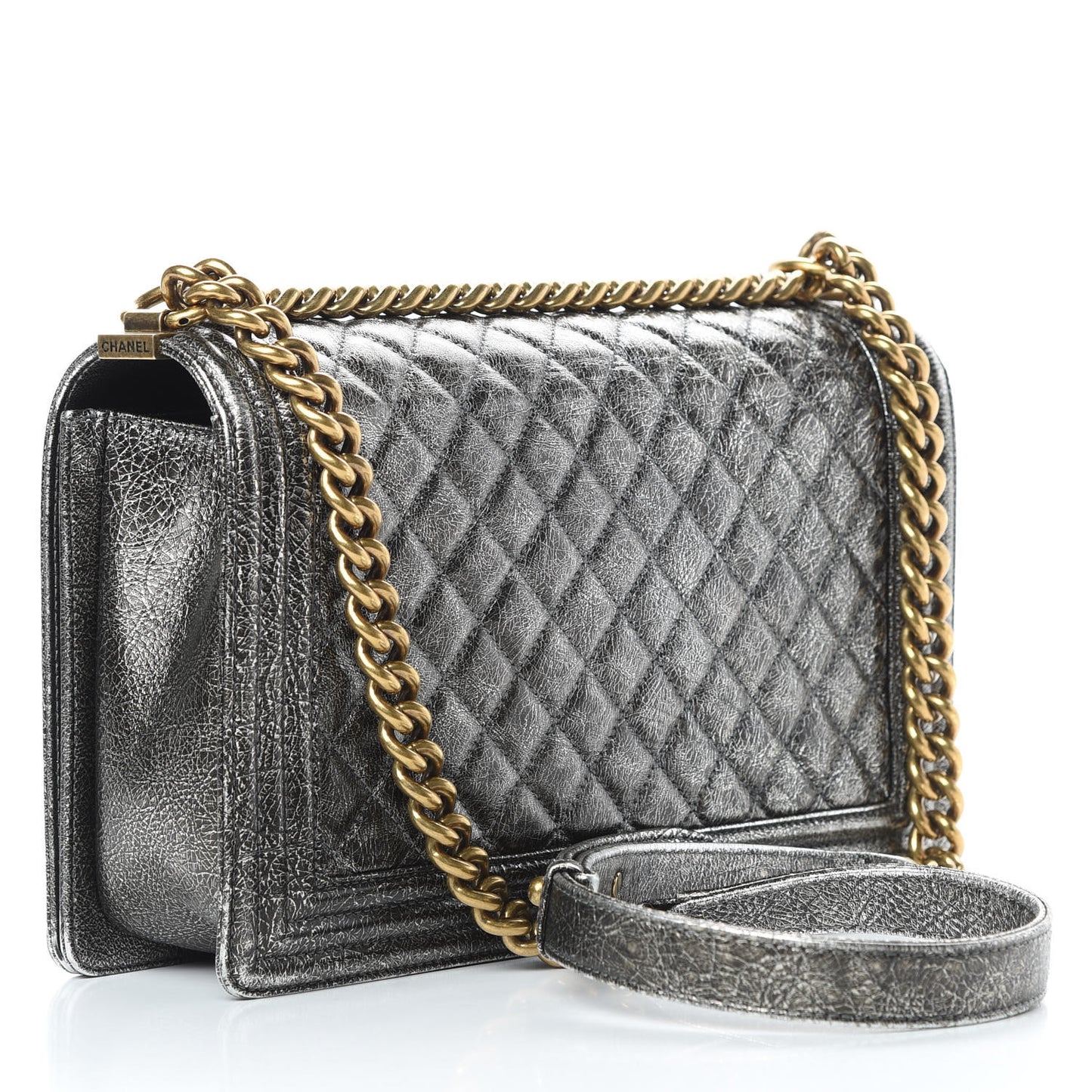 Cracked Metallic Calfskin Quilted New Medium Boy Flap Silver