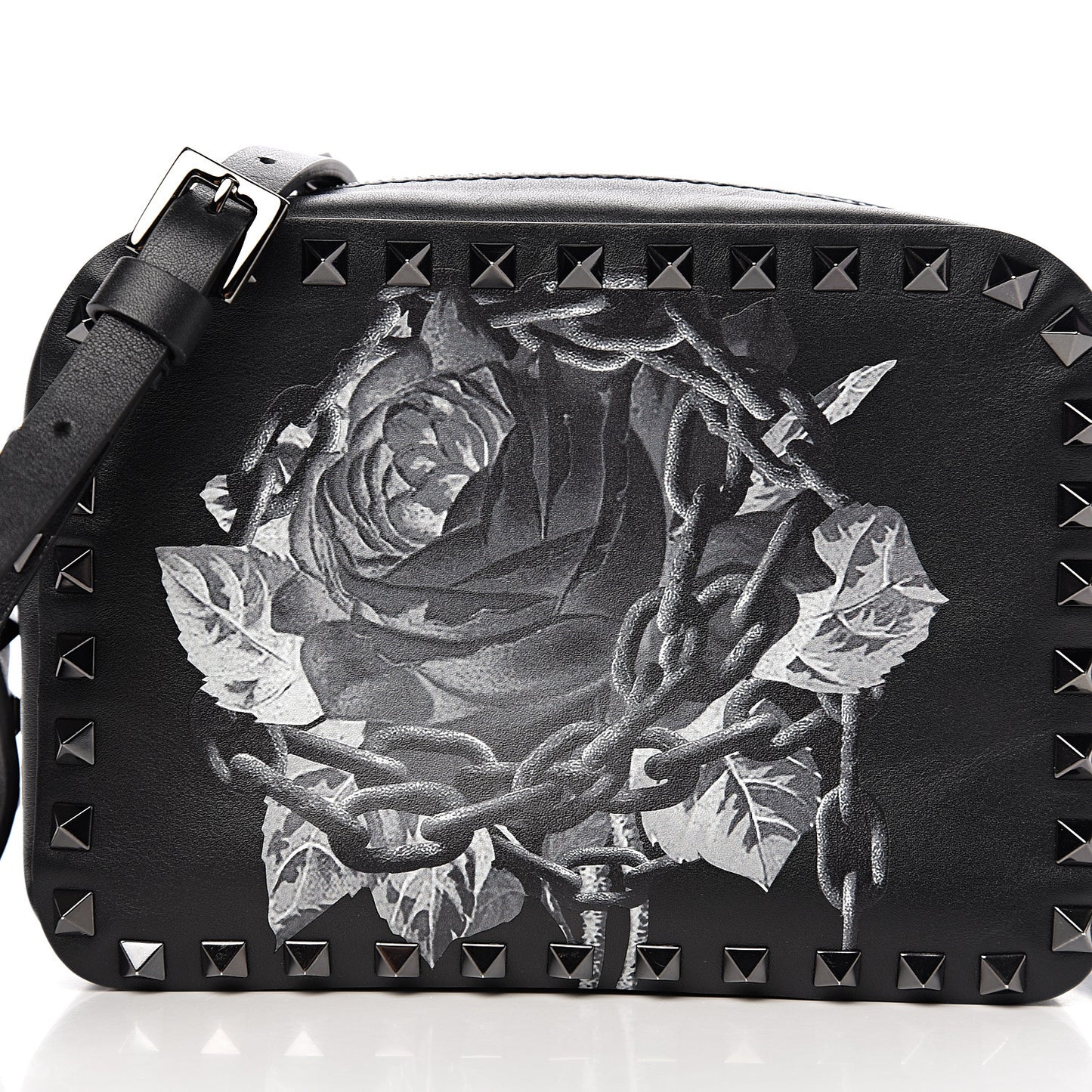 X UNDERCOVER Calfskin Rockstud Rose Print Camera Crossbody Bag Black