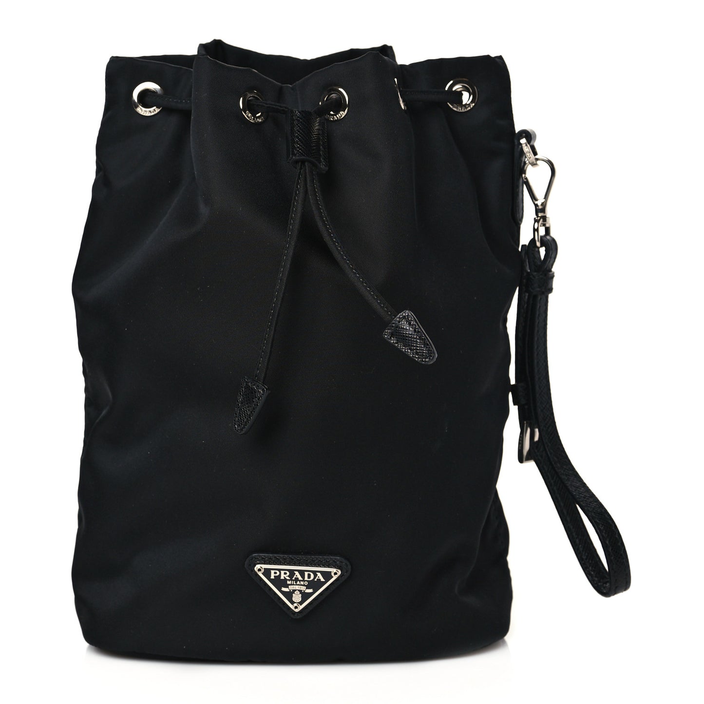 Saffiano Tessuto Nylon Vela Bucket Wristlet Black